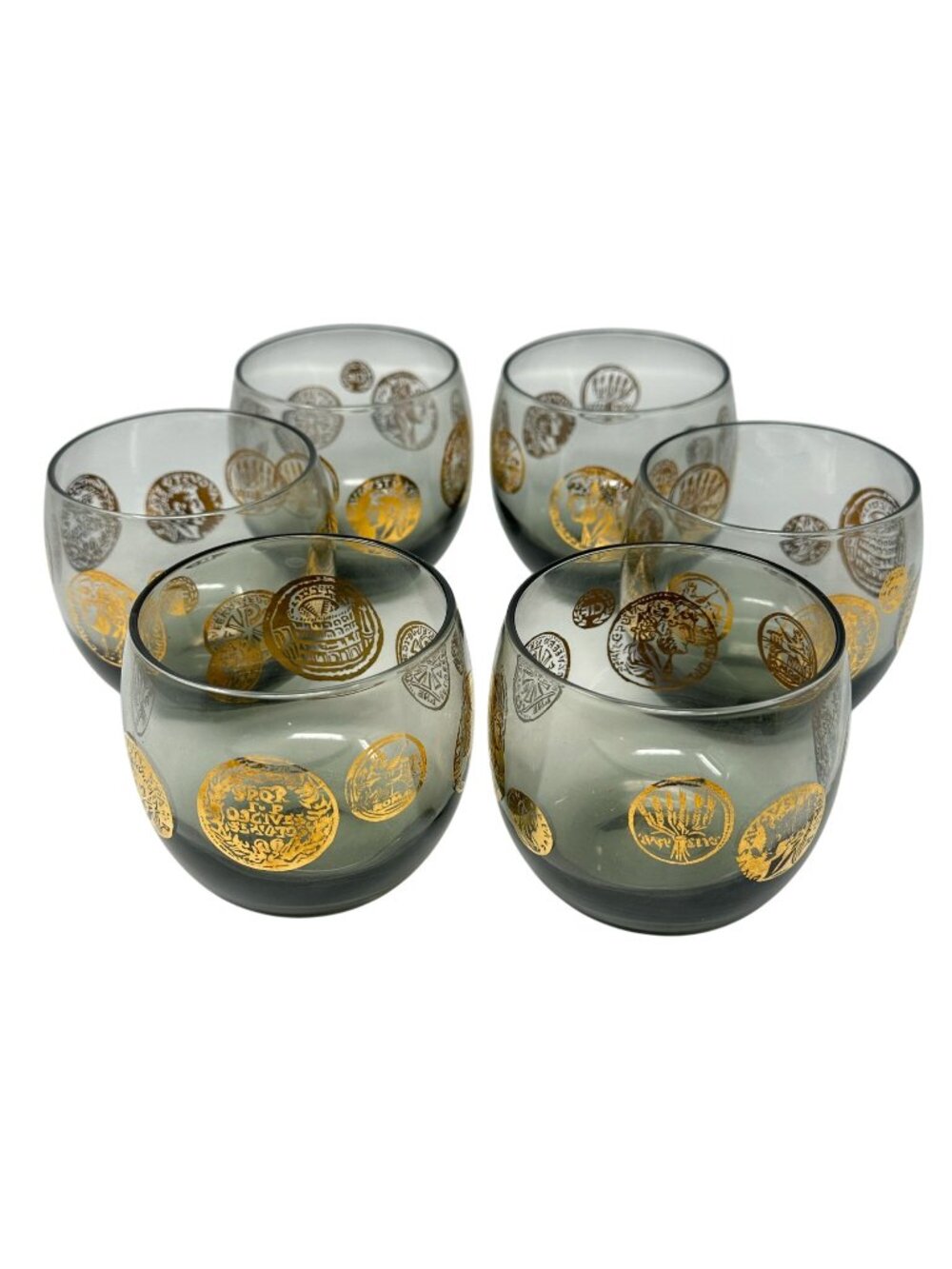 Vintage MCM Federal Glass Roman Coin Roly Poly Smoky Lowball Cocktail Glasses